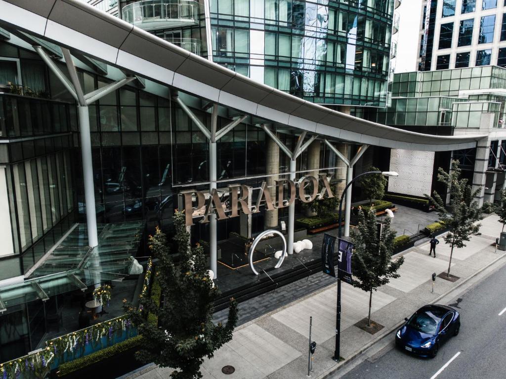 exterior aerial shot of the entrance of the paradox hotel in vancouver