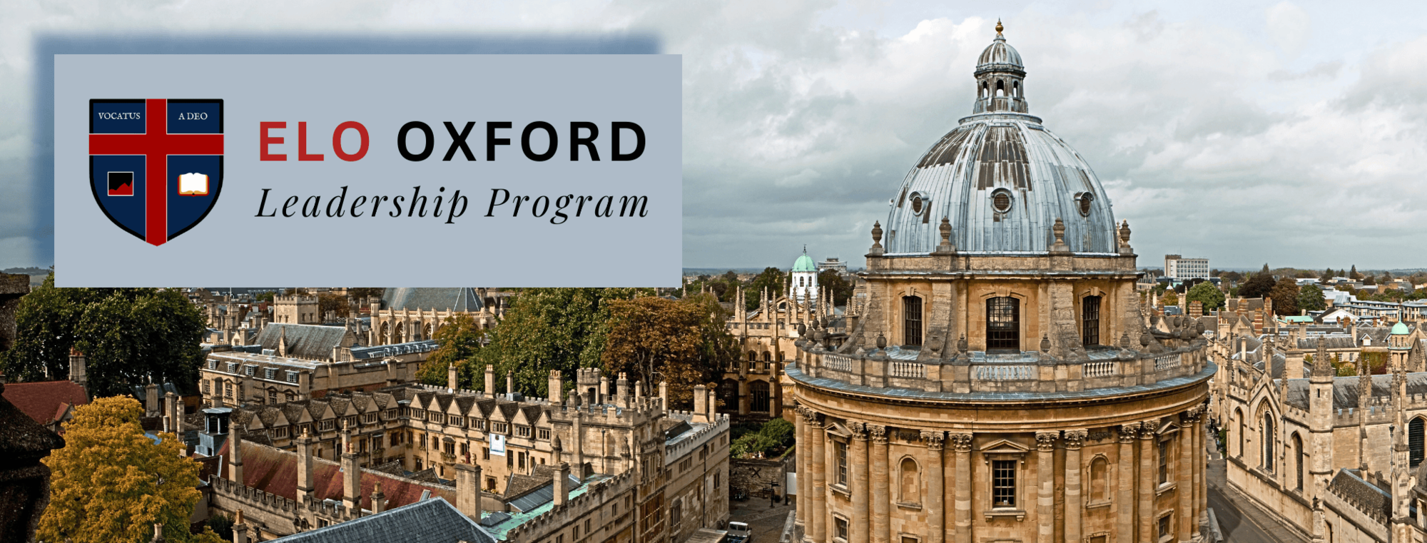 Landscape photo of Oxford UK overlooking the Radcliffe Camera. Header writes ELO Oxford Leadership